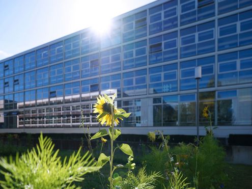 LRZ-Gebäude und grüne Wiese. Foto: V. Hohenegger | LRZ